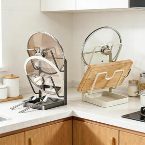 Tugkew 2-Tier Pot Lid Organizer Rack – Stainless Steel Countertop Lid Holder with Removable Drip Tray & Spoon Rest, Beige & Grey