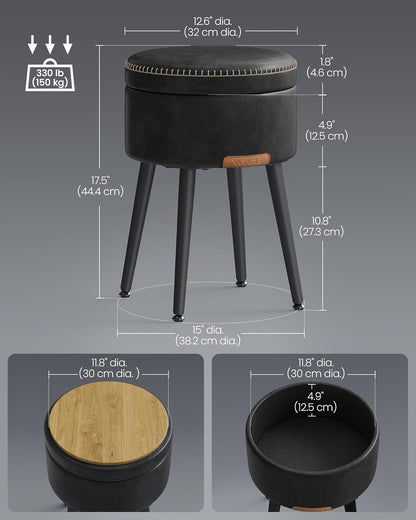Storage Ottoman Stool with Hidden Storage, Round Vanity Chair, Foot Rest and Side Table with Synthetic Leather Seat Ink Black LOM005B01