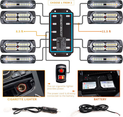 8PCS Sync LED Emergency Strobe Light Kit 72W 12 Flash Modes 12-24V 8PCSS