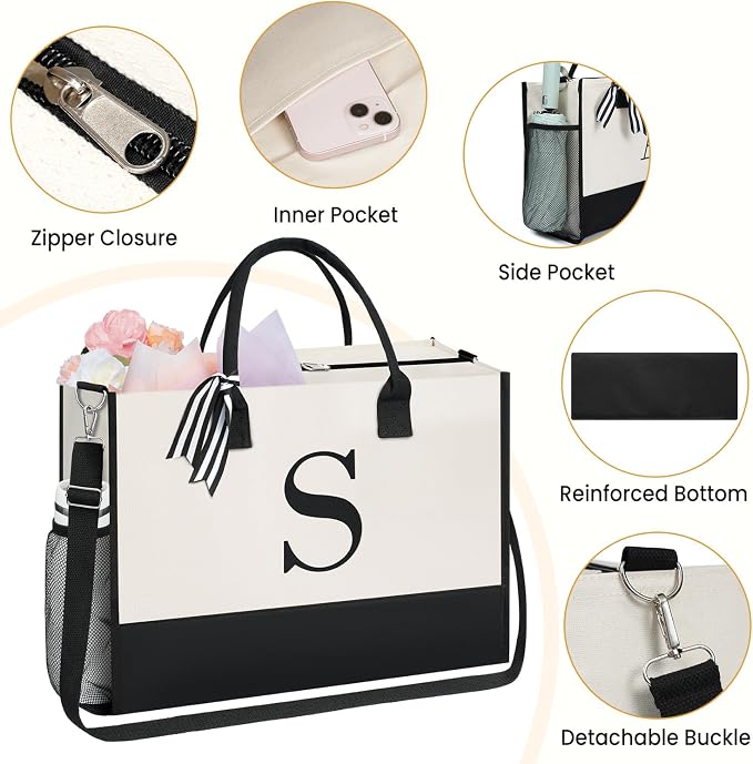BAGAIL Personalized Initial Tote Bag Set – Large Monogram Canvas Tote with Shoulder Strap & Matching Cosmetic Bag