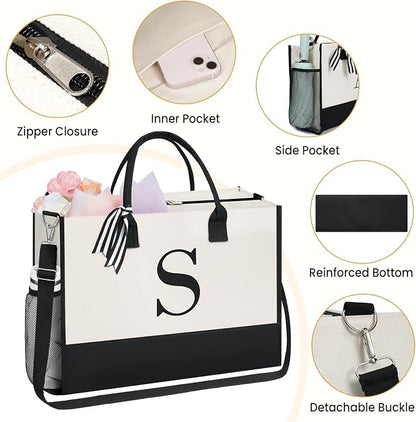 BAGAIL Personalized Initial Tote Bag Set – Large Monogram Canvas Tote with Shoulder Strap & Matching Cosmetic Bag