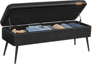 Storage Ottoman Bench with Hidden Storage, Entryway Bench, Bedroom Bench, Upholstered Seat with Safety Hinges and Steel Legs Mid Century Modern Ink Black