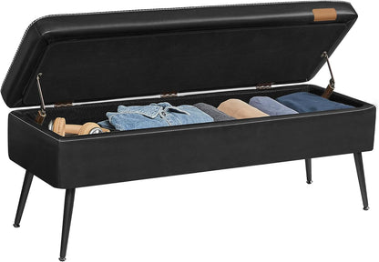 Storage Ottoman Bench with Hidden Storage, Entryway Bench, Bedroom Bench, Upholstered Seat with Safety Hinges and Steel Legs Mid Century Modern Ink Black