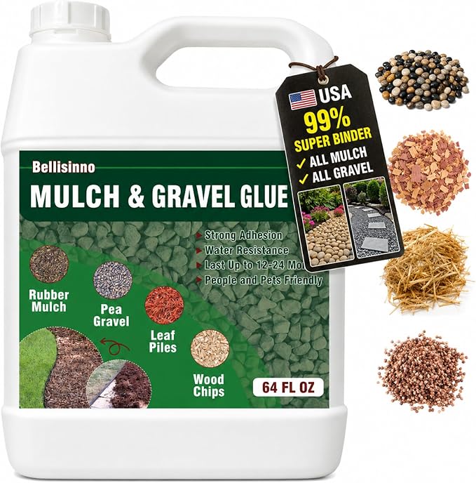 Bellisinno 64 oz Mulch & Gravel Glue – Clear Landscape Rock Binder for Pea Gravel, Pebbles, Stones, Wood Chips & Rubber Mulch