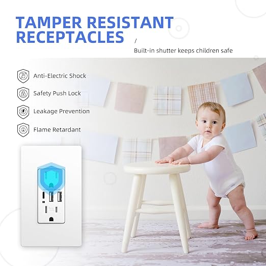 JUNLIT 15A USB-C Wall Outlet – 30W 3-Port USB Charging Tamper-Resistant Duplex Receptacles with Wall Plates
