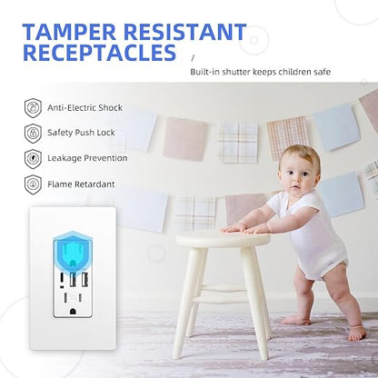 JUNLIT 15A USB-C Wall Outlet – 30W 3-Port USB Charging Tamper-Resistant Duplex Receptacles with Wall Plates