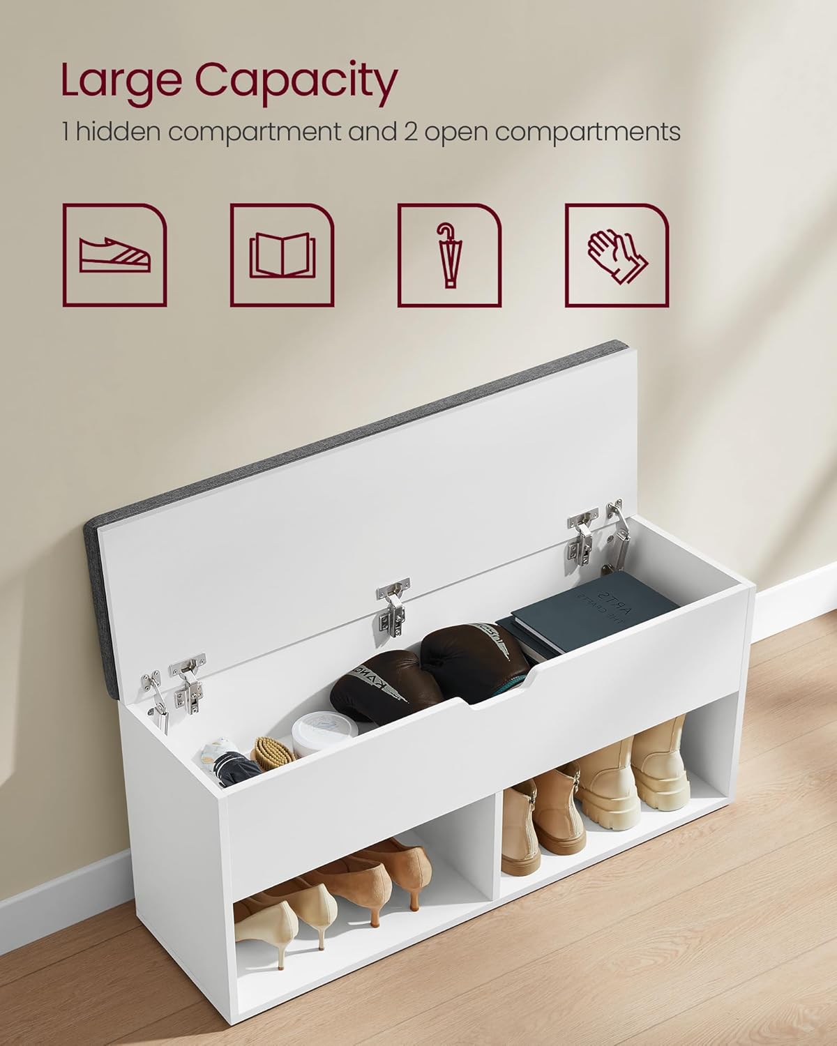Shoe Storage Bench with Cushion Seat, Entryway Shoe Rack Organizer with Hidden Storage Compartment and Open Shelves White and Gray LHS021W01