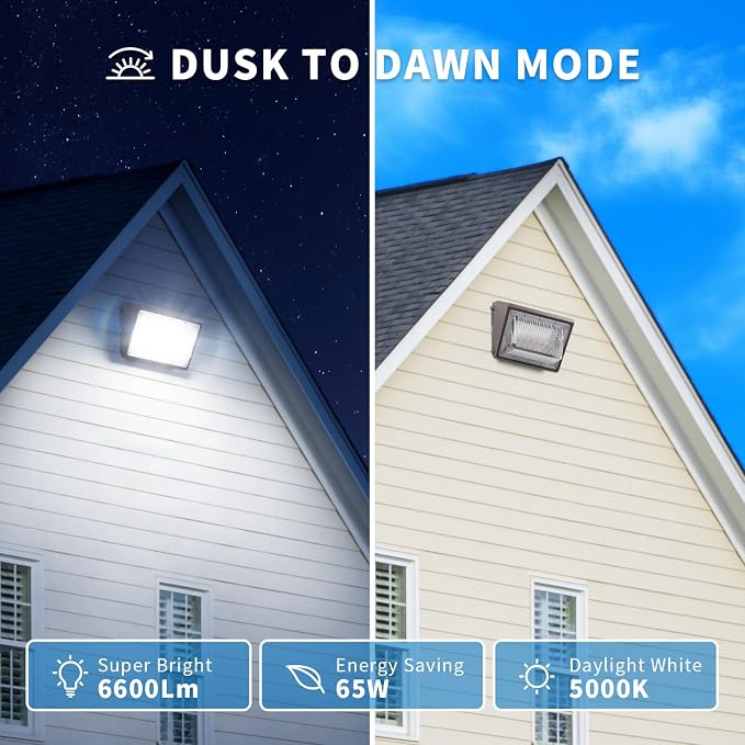 mirrea 65W LED Wall Pack Light with Dusk-to-Dawn Photocell – 6600 Lumens, 5000K, 100–277V, 0–10V Dimmable