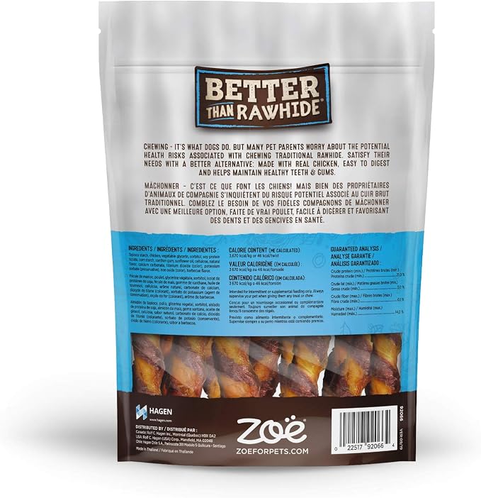 Zoë Better Than Rawhide Dog Chew Twists – Assorted Flavour, Rawhide-Free Treats with Real Chicken, 12 Pack, 148g