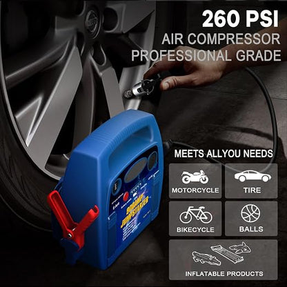 ZunDian 1000A Portable Jump Starter with 260 PSI Air Compressor – 12V Car Battery Booster, Digital Tire Inflator, USB Power & LED Work Light