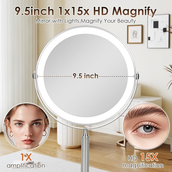 VESAUR 15X Magnifying Makeup Mirror with Lights – 9.5" Double-Sided LED Vanity Mirror, 5000mAh USB-C Rechargeable, 3 Colour Dimmable Lighting, 360° Swivel