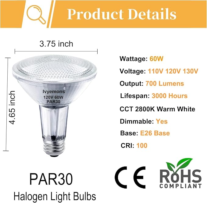 Ivyemons PAR30 Long Neck Halogen Flood Light Bulbs - 60W 120V E26 Dimmable 2800K Warm White