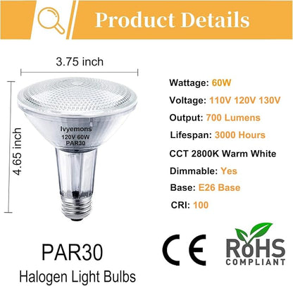 Ivyemons PAR30 Long Neck Halogen Flood Light Bulbs - 60W 120V E26 Dimmable 2800K Warm White