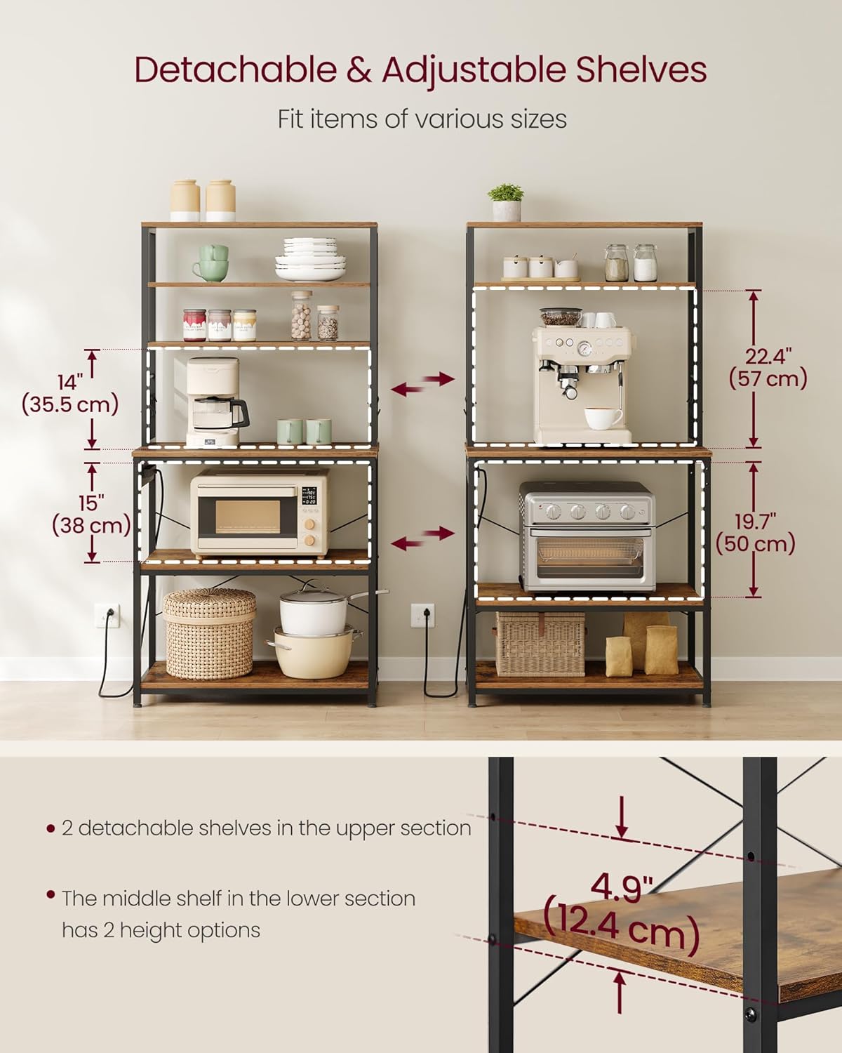 Kitchen Baker's Rack with Power Outlet, Coffee Bar Station, Microwave Stand and 6 Tier Storage Shelves with Hooks 31.5" Rustic Brown and Ink Black KKS119K01