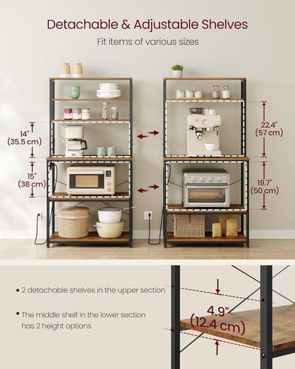 Kitchen Baker's Rack with Power Outlet, Coffee Bar Station, Microwave Stand and 6 Tier Storage Shelves with Hooks 31.5" Rustic Brown and Ink Black KKS119K01
