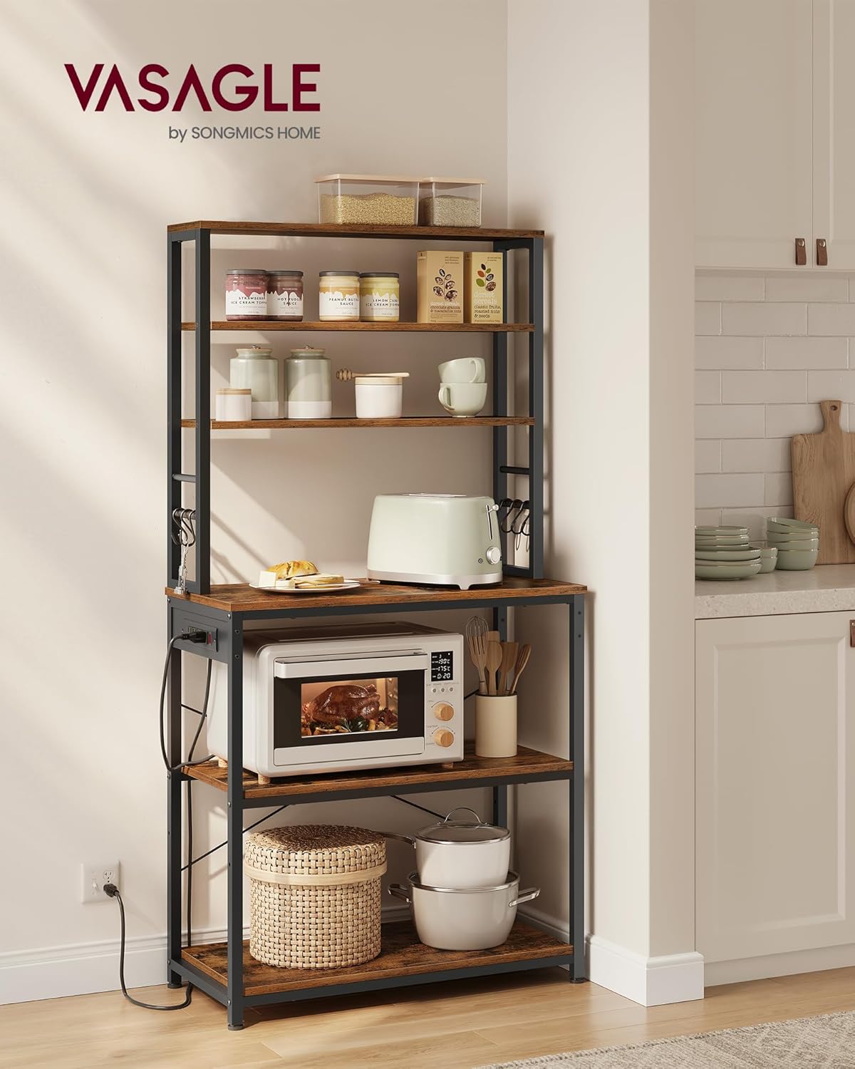 Kitchen Baker's Rack with Power Outlet, Coffee Bar Station, Microwave Stand and 6 Tier Storage Shelves with Hooks 31.5" Rustic Brown and Ink Black KKS119K01