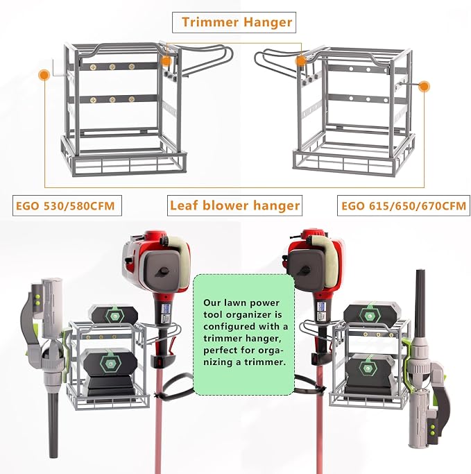 Jolensoy Wall Mount Power Tool Organizer – Heavy Duty Garage Storage Rack for Leaf Blower, Weed Trimmer, Batteries, Chargers & Lawn Equipment