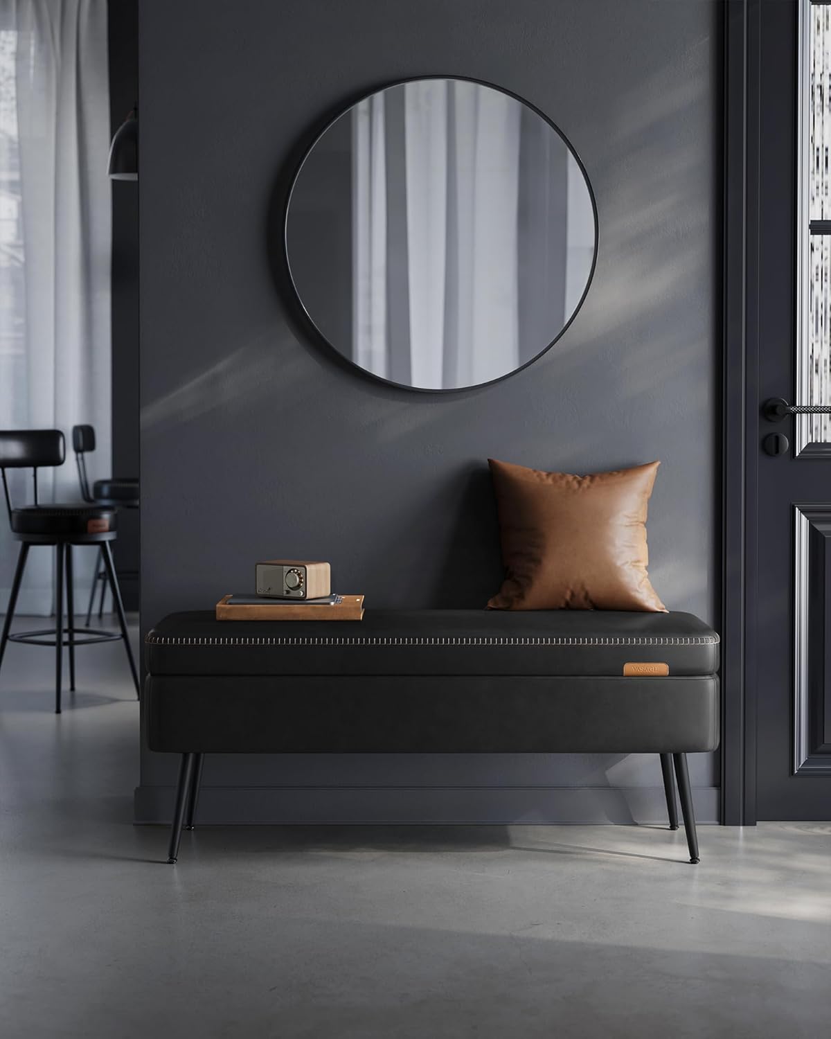 Storage Ottoman Bench with Hidden Storage, Entryway Bench, Bedroom Bench, Upholstered Seat with Safety Hinges and Steel Legs Mid Century Modern Ink Black