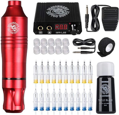 Dragonhawk Atom Rotary Tattoo Machine Pen Kit – Red Tattoo Gun with Digital Power Supply, Foot Pedal, 20 Cartridge Needles & Tattoo Accessories for Beginners and Professional Artists