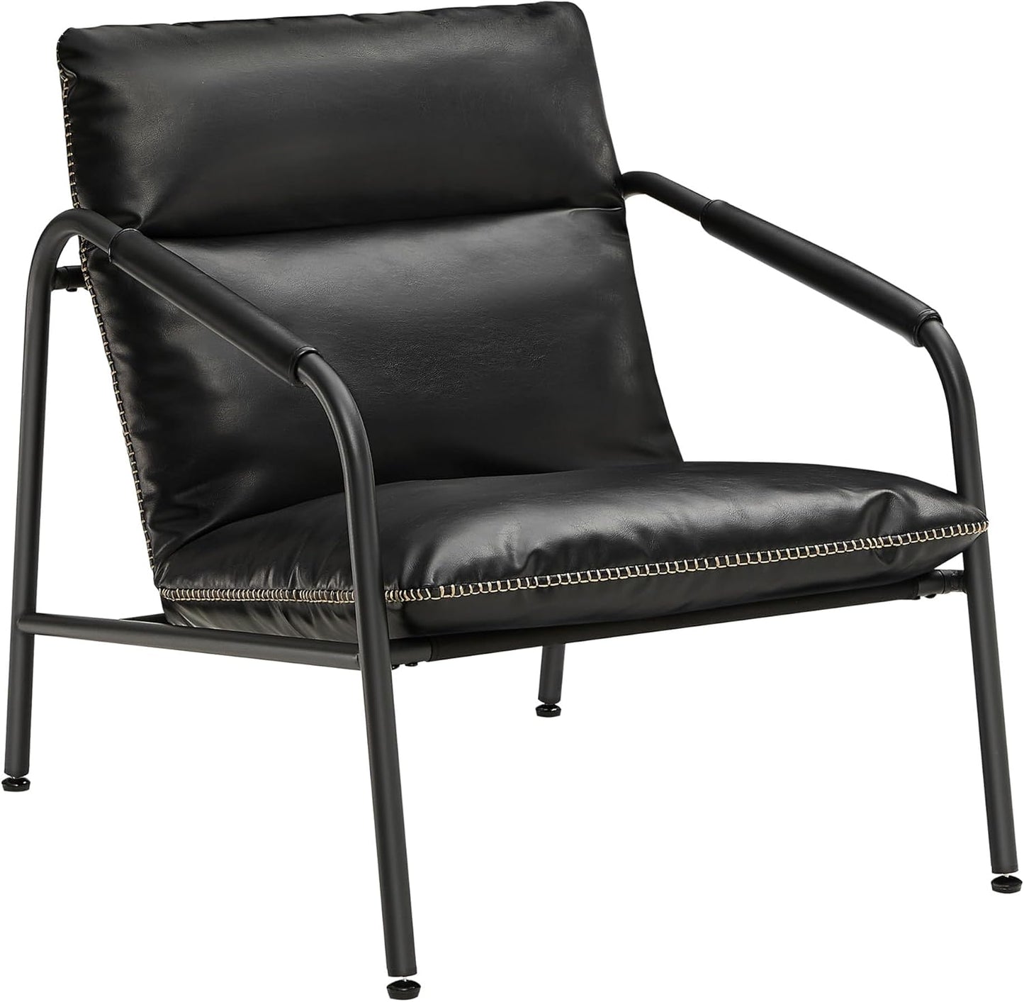 Mid-Century Modern Lounge Chair with Faux Leather Upholstery and Metal Frame, Accent Armchair for Living Room, Bedroom and Reading Nook  Ink Black LAC014B01V1