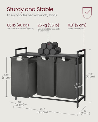 3 Section Laundry Hamper with Pull-Out Removable Bags and Storage Shelf, Laundry Sorter for Bathroom, Laundry Room and Bedroom 36.4" x 13" x 28.4" Slate Gray and Charcoal Gray BLH301G01