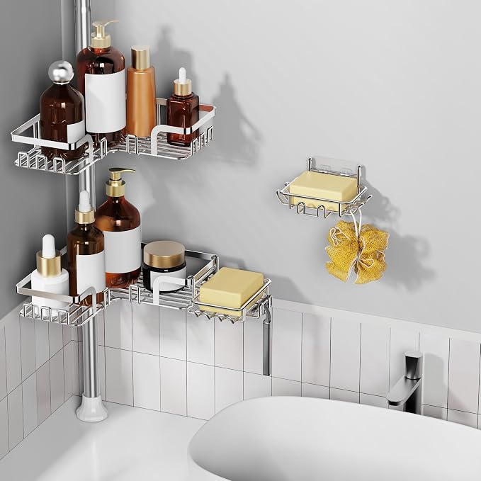 ZUNTO Adjustable Tension Pole Shower Caddy – 5-Tier Rust-Resistant Metal Corner Organizer with 2 Soap Dishes, Floor-to-Ceiling Bathroom Storage