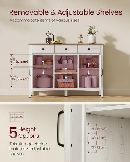 Farmhouse Buffet Cabinet with 3 Drawers & Adjustable Shelves – Coffee Bar Sideboard with Cable Management Rustic White & Honey Brown BBK371W01V1