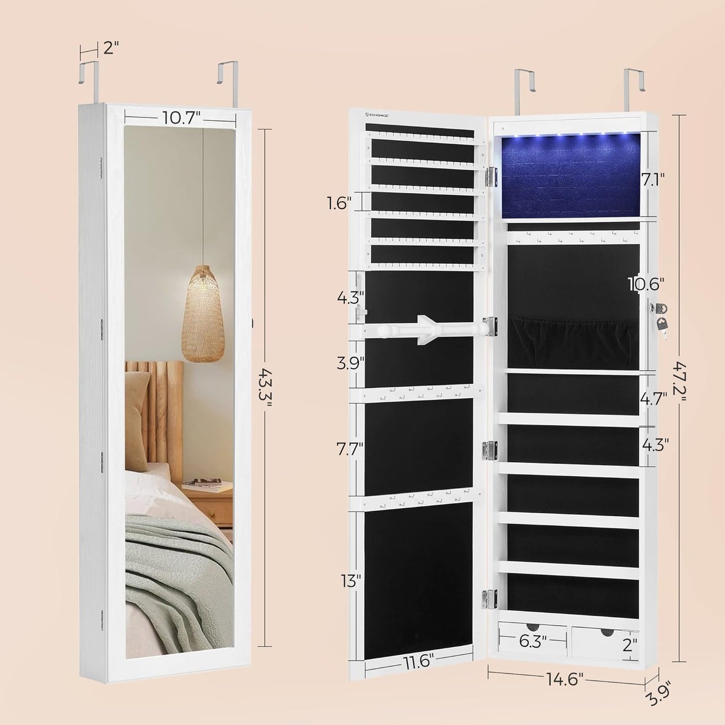 Lockable Jewelry Armoire Cabinet with Full Length Mirror, LED Lights, Wall or Door Mounted Jewelry Organizer with Drawers 47.2" White JJC93W