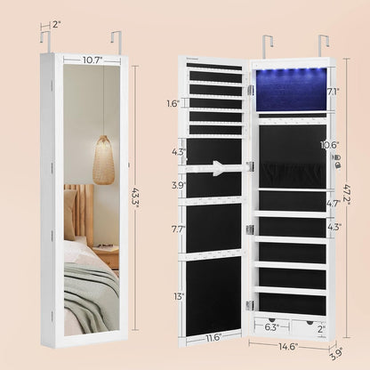 Lockable Jewelry Armoire Cabinet with Full Length Mirror, LED Lights, Wall or Door Mounted Jewelry Organizer with Drawers 47.2" White JJC93W
