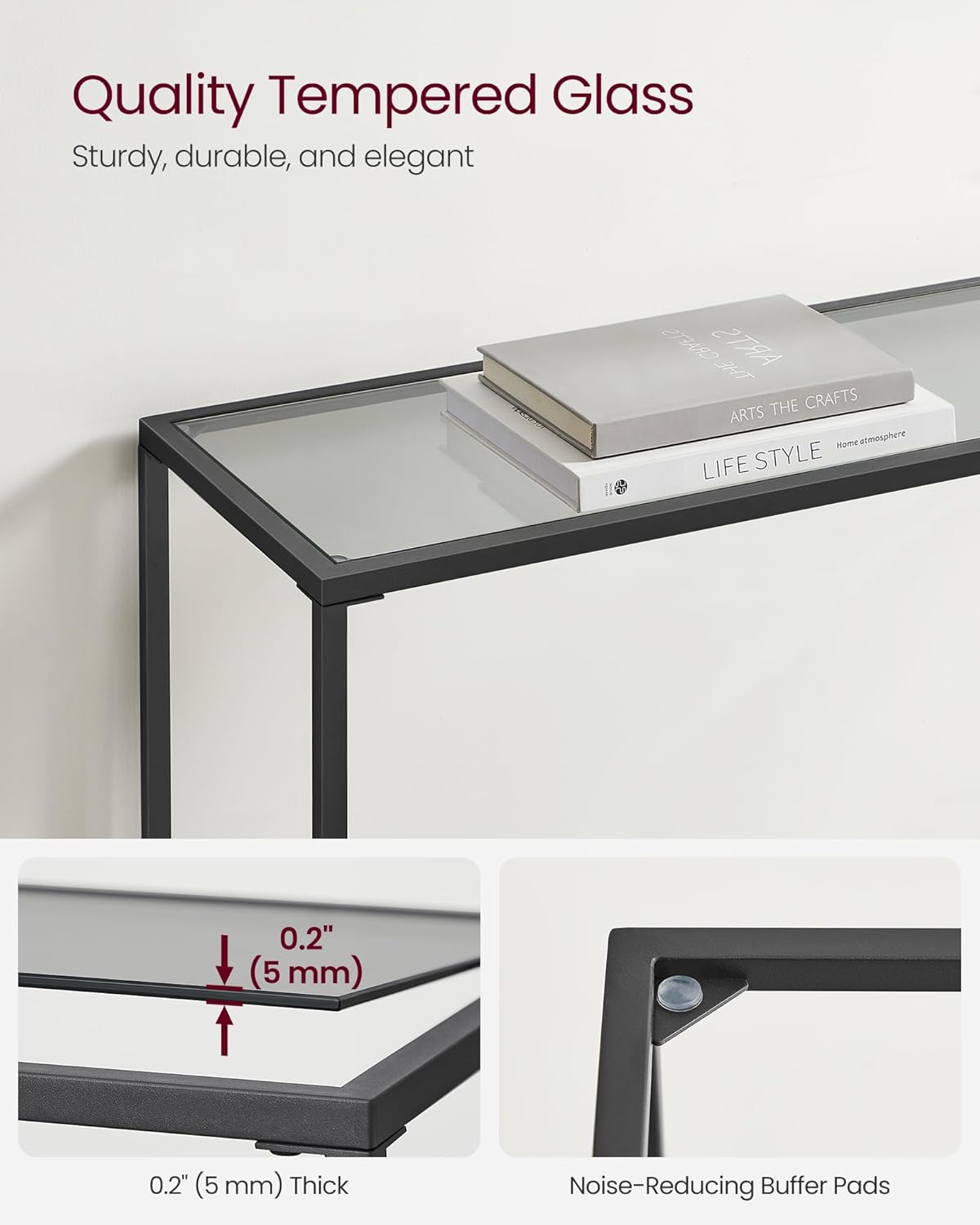 Narrow Console Table with Tempered Glass Top, Modern Sofa Table, Entryway Table for Hallway, Living Room and Foyer Ink Black and Slate Grey LGT132B01