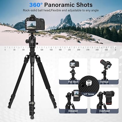 GEEKOTO 73-Inch Professional Camera Tripod & Monopod – Heavy-Duty 33 lb Capacity Travel Tripod with 360° Ball Head & Quick Release Plate for DSLR, Mirrorless & Cameras