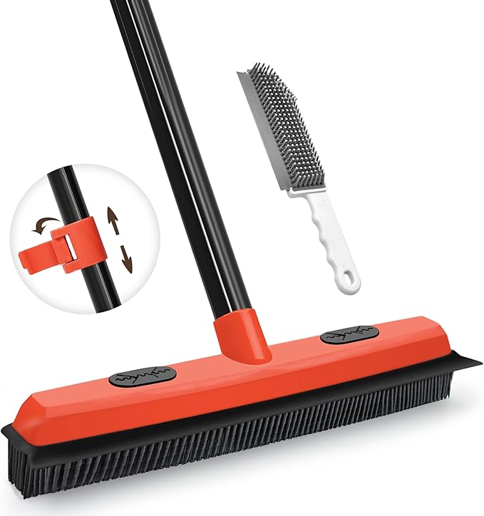 JEHONN Rubber Broom with Squeegee Pet Hair Remover 134CM Long Handle Carpet Rake for Floor and Window Cleaning