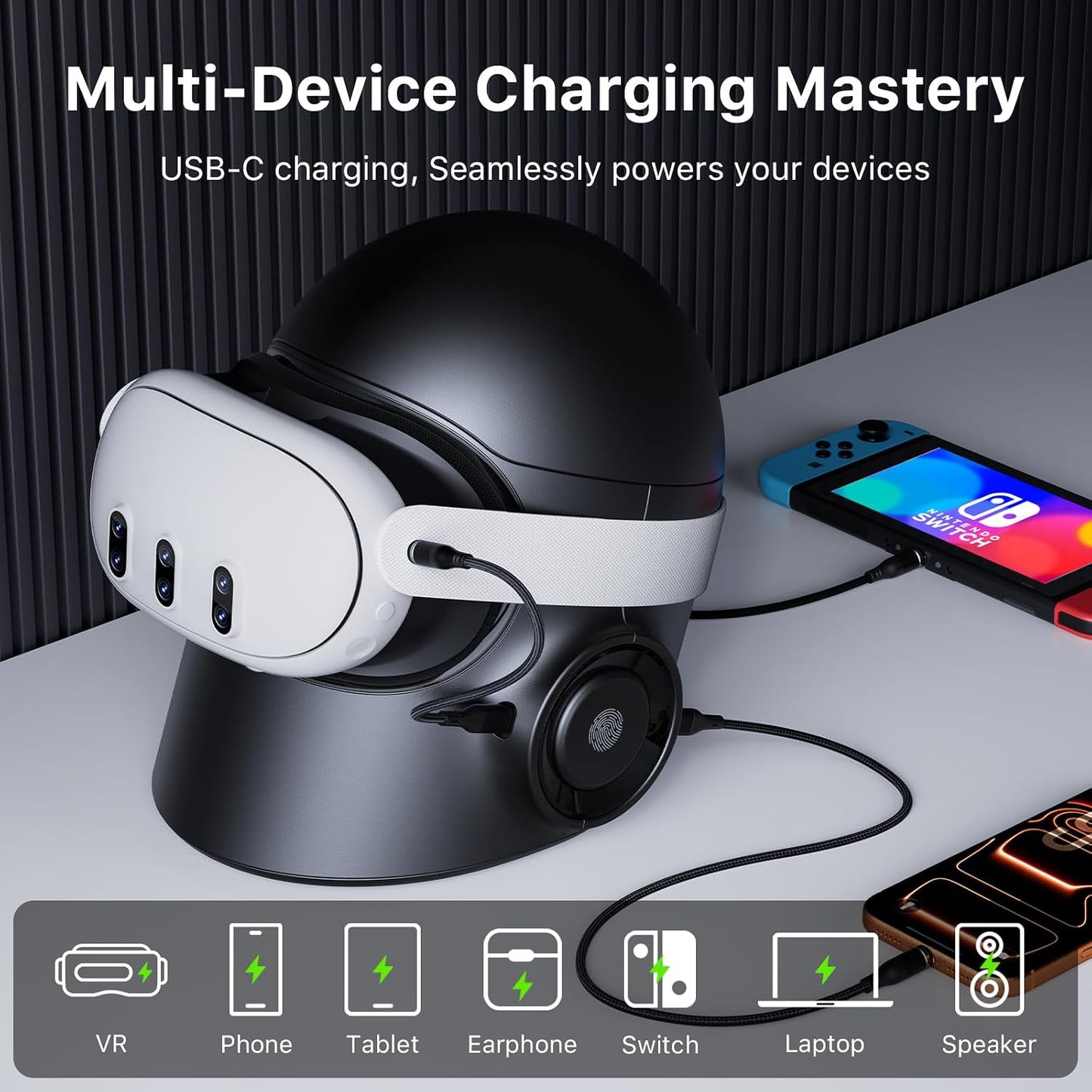 Aubika 3-in-1 VR Charging Station for Meta Quest 3/3S/Pro/2 – 45W USB-C Charger, Hidden Storage & RGB Light