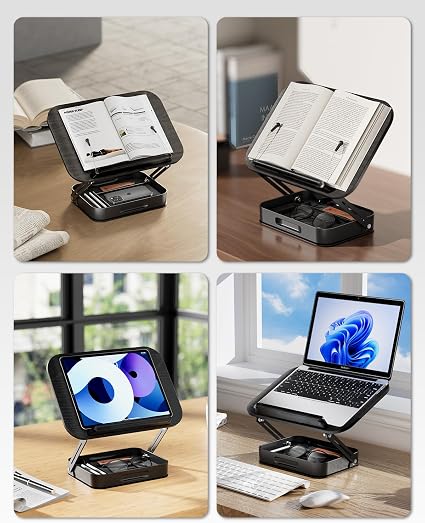 SupeDesk 360° Rotating Adjustable Book Stand with Storage Drawer – Wood & Aluminum Book Holder with Page Clips