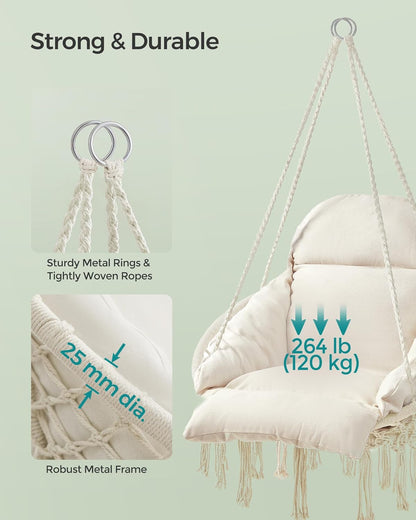 NEW Boho Hanging Hammock Chair with Thick Cushion, Indoor Outdoor Swing Chair for Bedroom, Balcony, Patio and Garden, Holds 264 lb Cream White GDC042M01V3