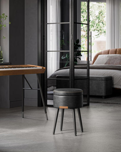Storage Ottoman Stool with Hidden Storage, Round Vanity Chair, Foot Rest and Side Table with Synthetic Leather Seat Ink Black LOM005B01
