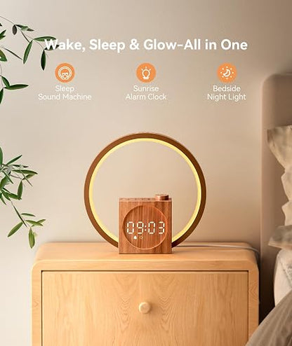 Dreamegg Sunrise Alarm Clock with White Noise Machine – 25 Sleep Sounds, 12-Colour Wake-Up Light, 20 Brightness Levels & Sleep Timer, Wood Grain