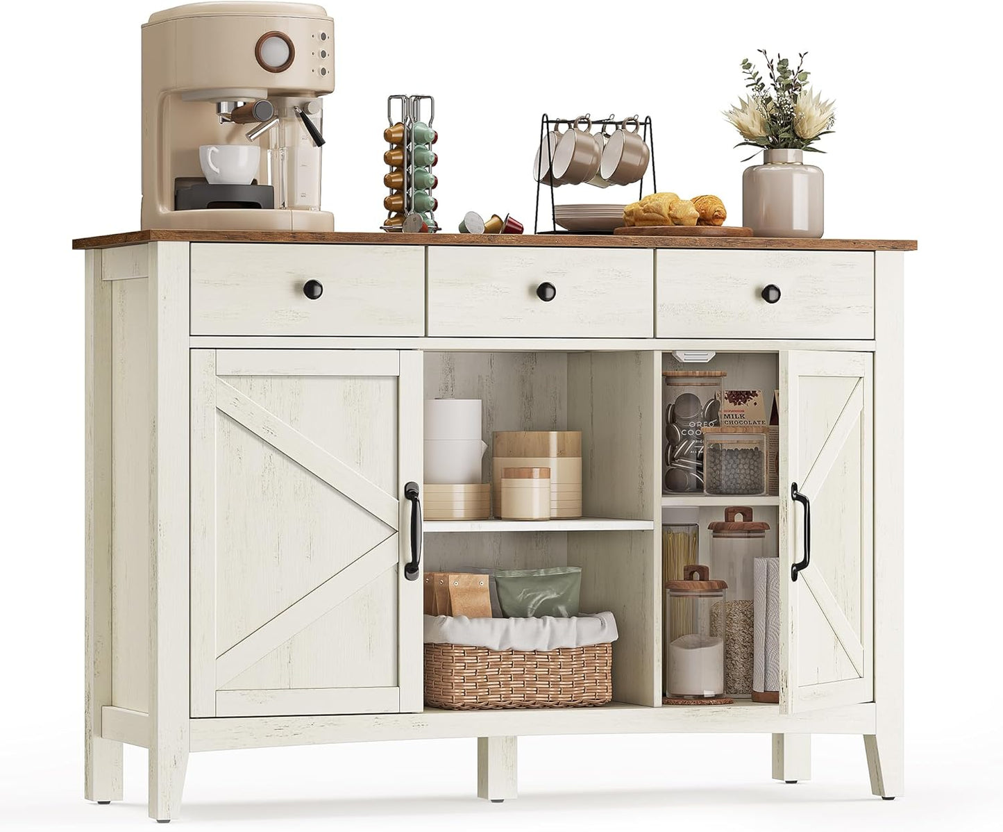 Farmhouse Buffet Cabinet with 3 Drawers & Adjustable Shelves – Coffee Bar Sideboard with Cable Management Rustic White & Honey Brown BBK371W01V1