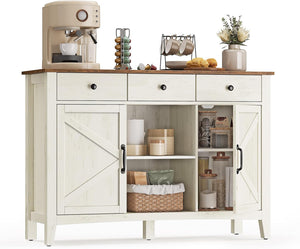 Farmhouse Buffet Cabinet with 3 Drawers & Adjustable Shelves – Coffee Bar Sideboard with Cable Management Rustic White & Honey Brown BBK371W01V1