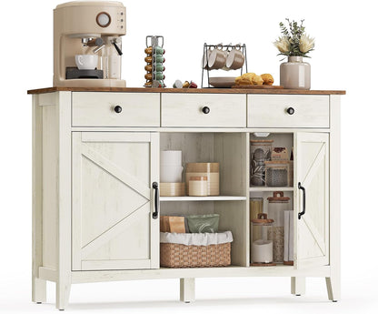 Farmhouse Buffet Cabinet with 3 Drawers & Adjustable Shelves – Coffee Bar Sideboard with Cable Management Rustic White & Honey Brown BBK371W01V1