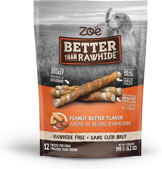 Zoë Better Than Rawhide Dog Chew Twists – Assorted Flavour, Rawhide-Free Treats with Real Chicken, 12 Pack, 148g