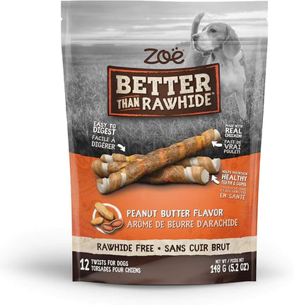 Zoë Better Than Rawhide Dog Chew Twists – Assorted Flavour, Rawhide-Free Treats with Real Chicken, 12 Pack, 148g