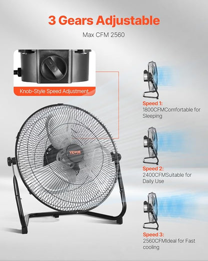 VEVOR 14-Inch High Velocity Industrial Floor Fan – 2560 CFM Heavy Duty 3-Speed Metal Shop Fan with 360° Adjustable Tilt