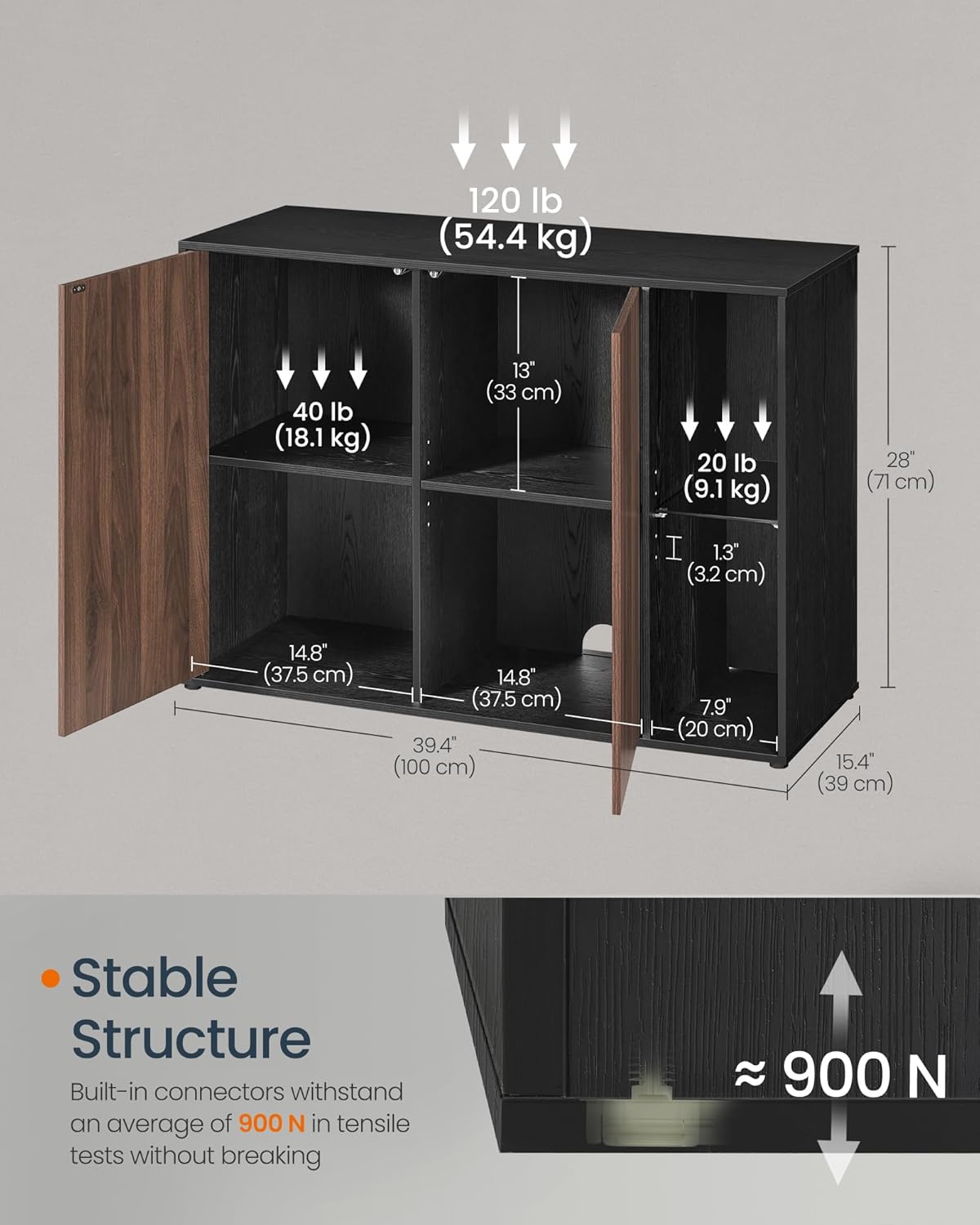 Storage Cabinet with RGB Lighting & Glass Shelf – Modern Buffet Sideboard with Adjustable Shelves Natural Walnut & Ebony Black BBK372B02