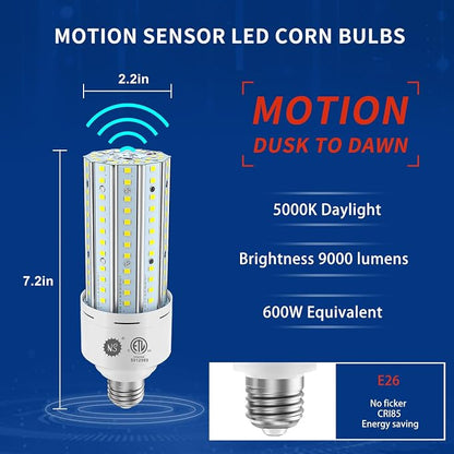 NS 60W A19 LED Light Bulbs 2-Pack – 9000 Lumens, Motion Sensor & Dusk-to-Dawn, 5000K Daylight, E26 Base