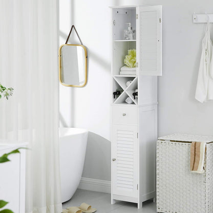 Tall Bathroom Storage Cabinet with Louvered Doors, Drawer & X-Shaped Towel Rack – 66.9" White Linen Tower BBC69WT