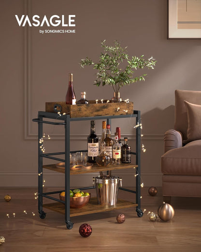 Kitchen Serving Cart with Removable Tray, 3 Tier Rolling Kitchen Cart with Storage Shelves, Utility Cart on Wheels for Kitchen, Dining Room and Bar Rustic Brown and Black LRC72X