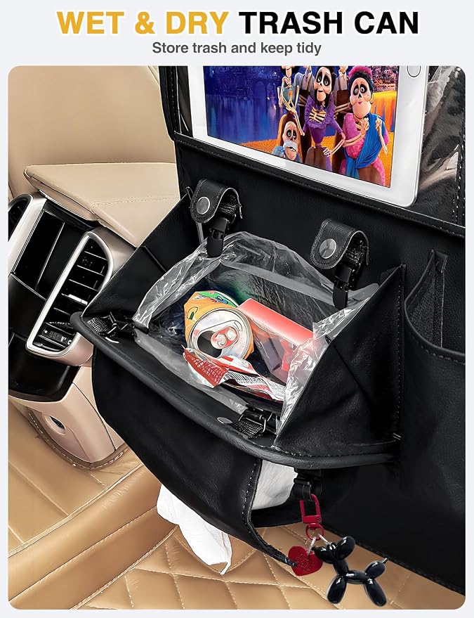 Drsvabze Leather Car Backseat Organizer  – Foldable Tray, Tablet Holder, Insulated Storage & Seat Protector, Black