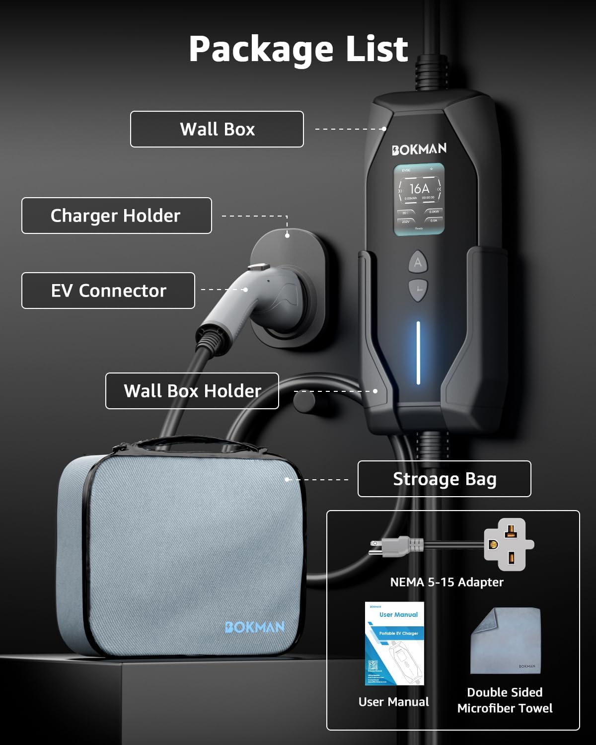 bokman Portable Level 1 & Level 2 EV Charger – 16A Adjustable J1772 Charging Cable with NEMA 6-20 Plug, 5-15 Adapter & Timer