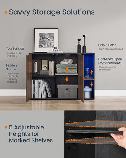 Storage Cabinet with RGB Lighting & Glass Shelf – Modern Buffet Sideboard with Adjustable Shelves Natural Walnut & Ebony Black BBK372B02